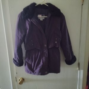Vintage Expressions Purple with Black Trim Hooded Winter Coat. Girls Size 10/12.